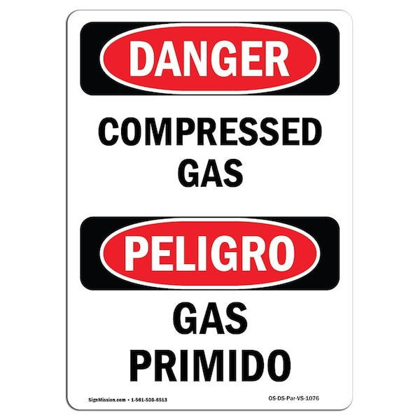 Safety Sign, OSHA Danger, 5" Height, Compressed Gas Bilingual Spanish, 10PK